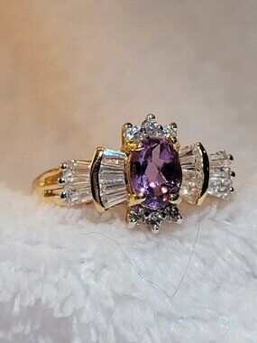Like New - Vintage AVON Emerald-Cut Amethyst Stone with CZ Gold tone Ring